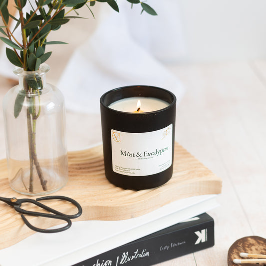 Mint & Eucalyptus soy wax candle 220g in black matt glass candle jar by Myariella Candles handmade in Dundee UK