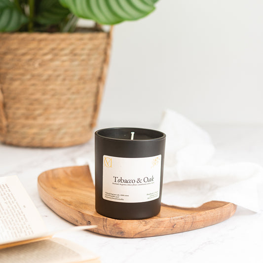 Tobacco & Oak rich masculine soy wax candle 220g by Myariella Candles handmade in Dundee UK