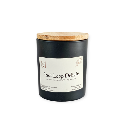 Fruit Loop Delight luxury dessert candle styled as home decor by My Ariella Candles UK.
