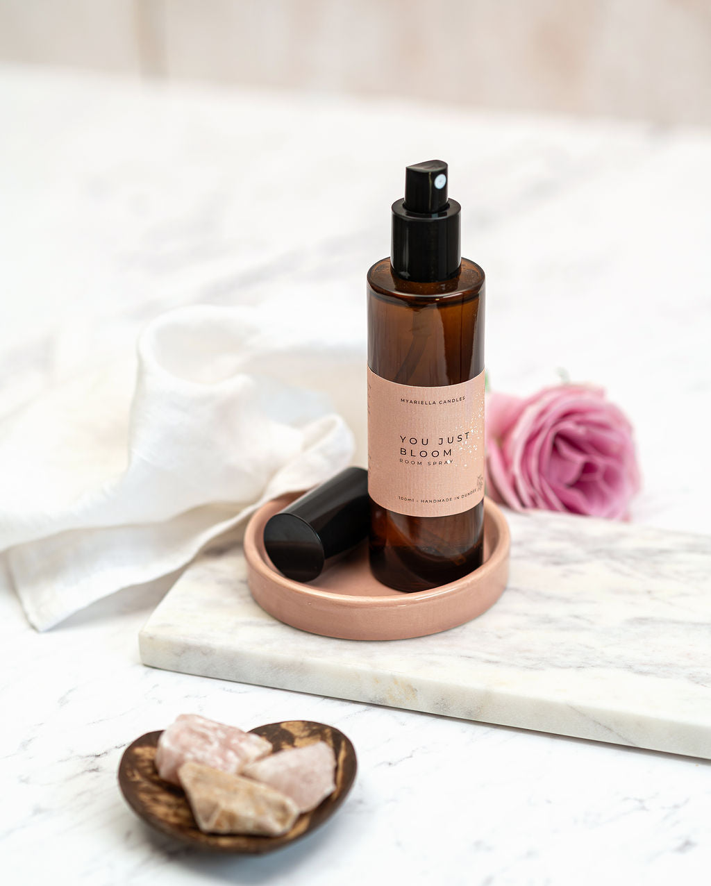 Natural ginger lily and ylang ylang room spray in bedroom setting by Myariella Candles Dundee UK