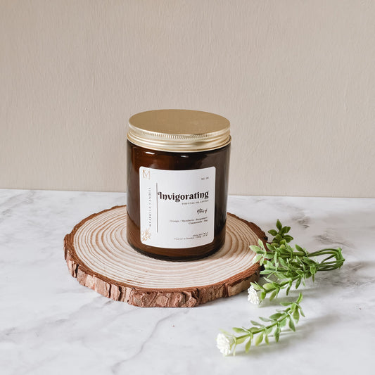 Invigorating essential oil soy candle in amber jar by Myariella Candles handmade in Dundee Scotland – vegan natural wax candle