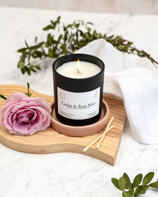 Handmade woody amber soy candle with bergamot, cedar and rose, crafted in Dundee Scotland by Myariella Candles.