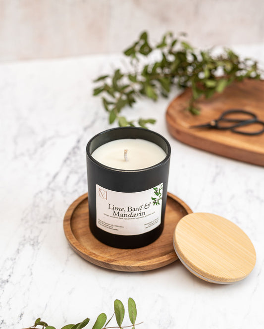 Fresh lime basil and mandarin summer candle styled in modern home – luxury handmade soy wax candle UK