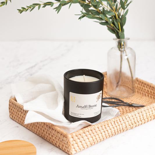 Amalfi Breeze citrus-fresh Mediterranean soy wax candle 220g in black jar by Myariella Candles handmade in Dundee UK”
