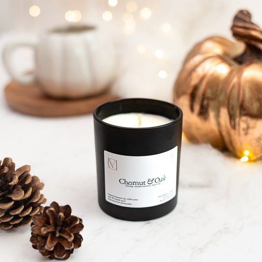 Chestnut & Oak warm winter soy wax candle 220g in black jar by Myariella Candles handmade in Dundee UK