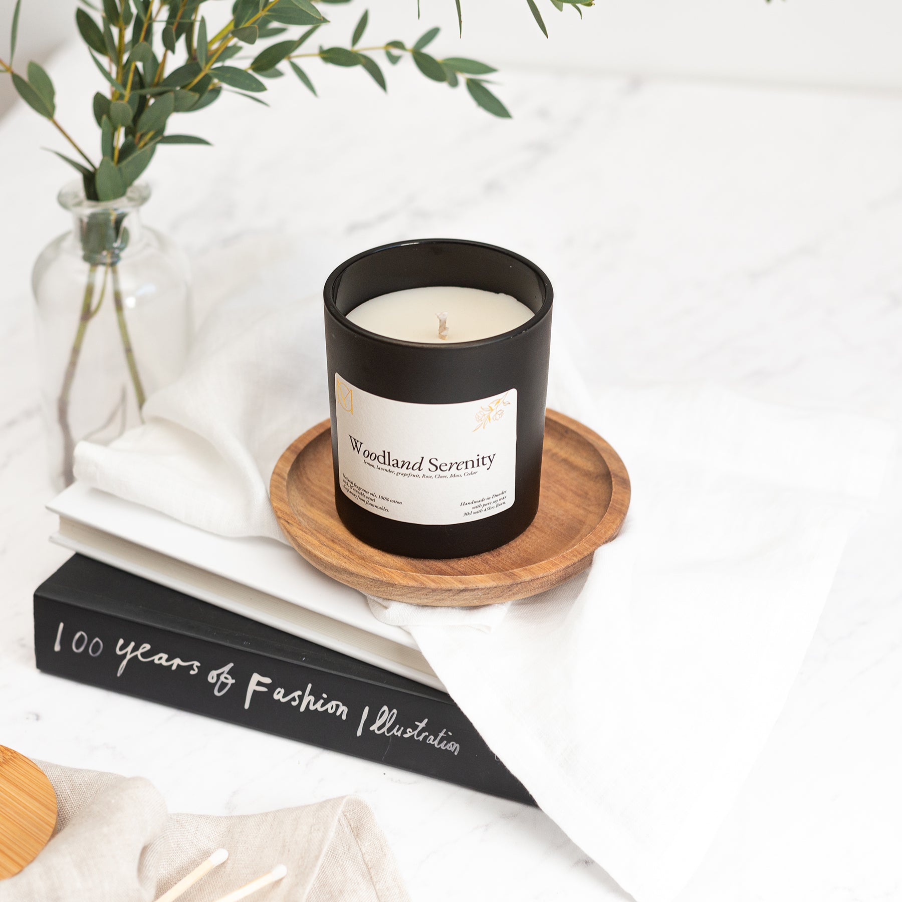 Woodland Serenity earthy cedarwood and vetiver soy wax candle 220g by Myariella Candles handmade in Dundee UK