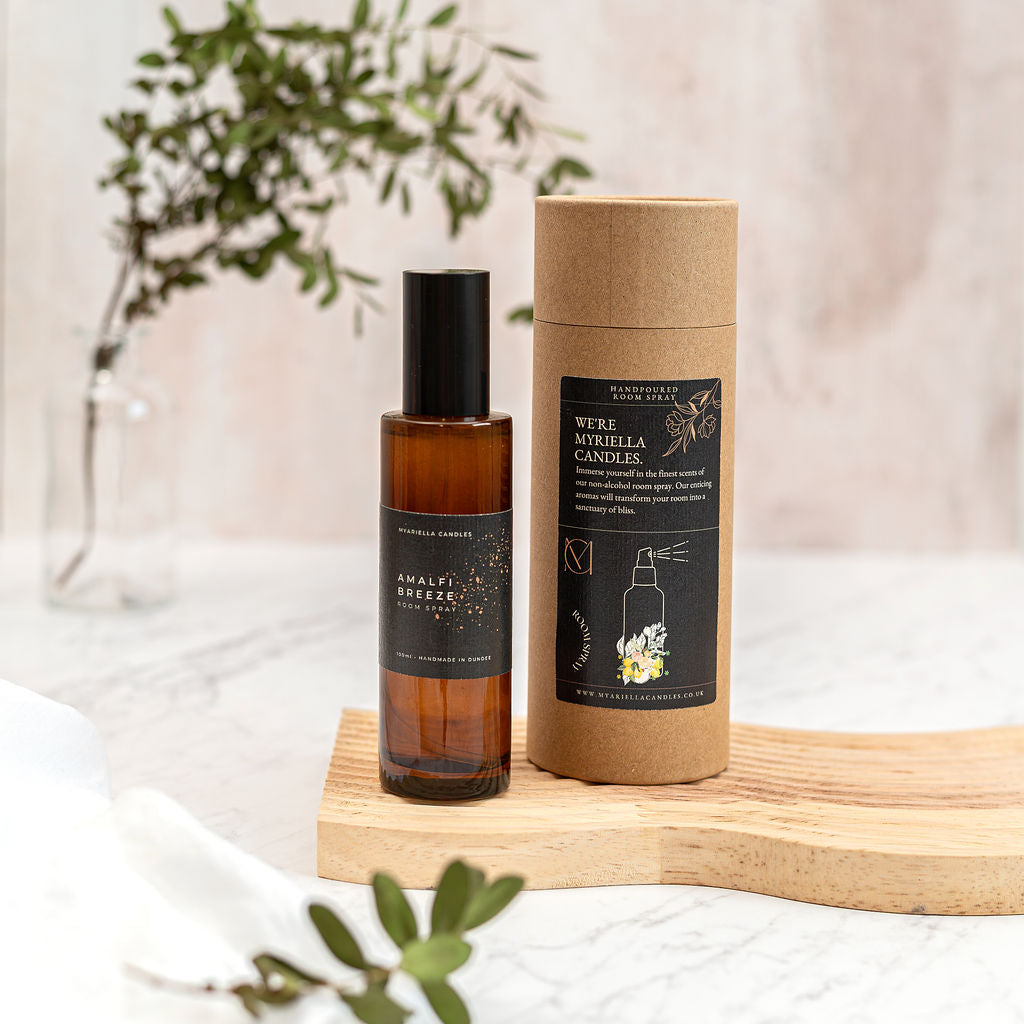 Amalfi Breeze luxury room spray 100ml handmade by Myariella Candles in Dundee Scotland with fresh lemon, orange and bergamot fragrance. Romm spray in amber jar