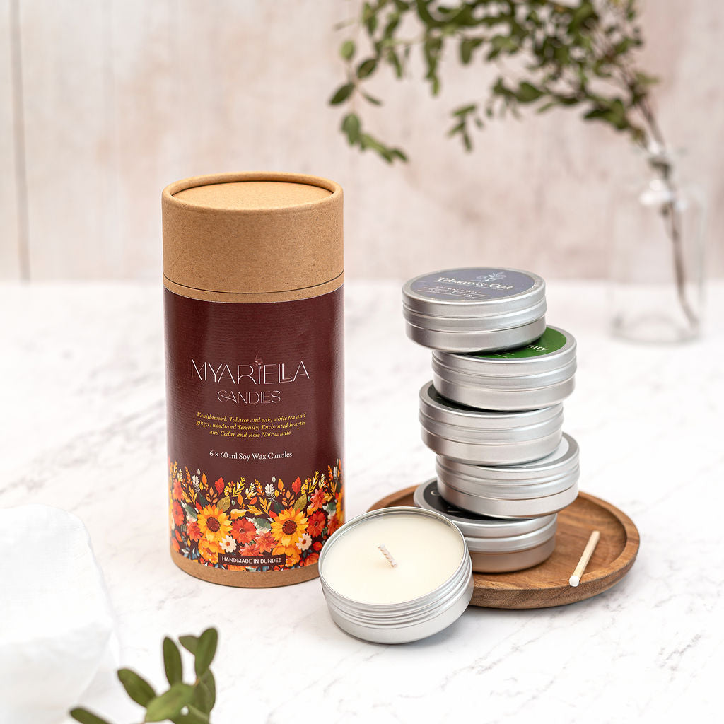 Autumn Candle Discovery Set with six handmade 60ml soy wax candles by Myariella Candles in Dundee Scotland