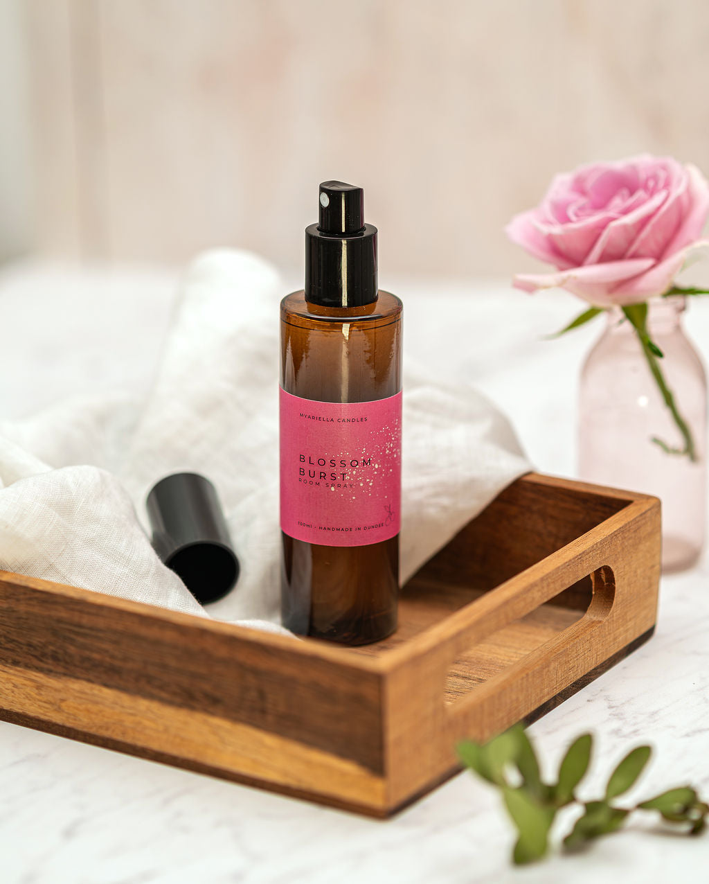 Blossom Burst room spray handmade in Dundee Scotland, luxury floral home fragrance with lychee and peony scent in 100ml amber glass bottle.