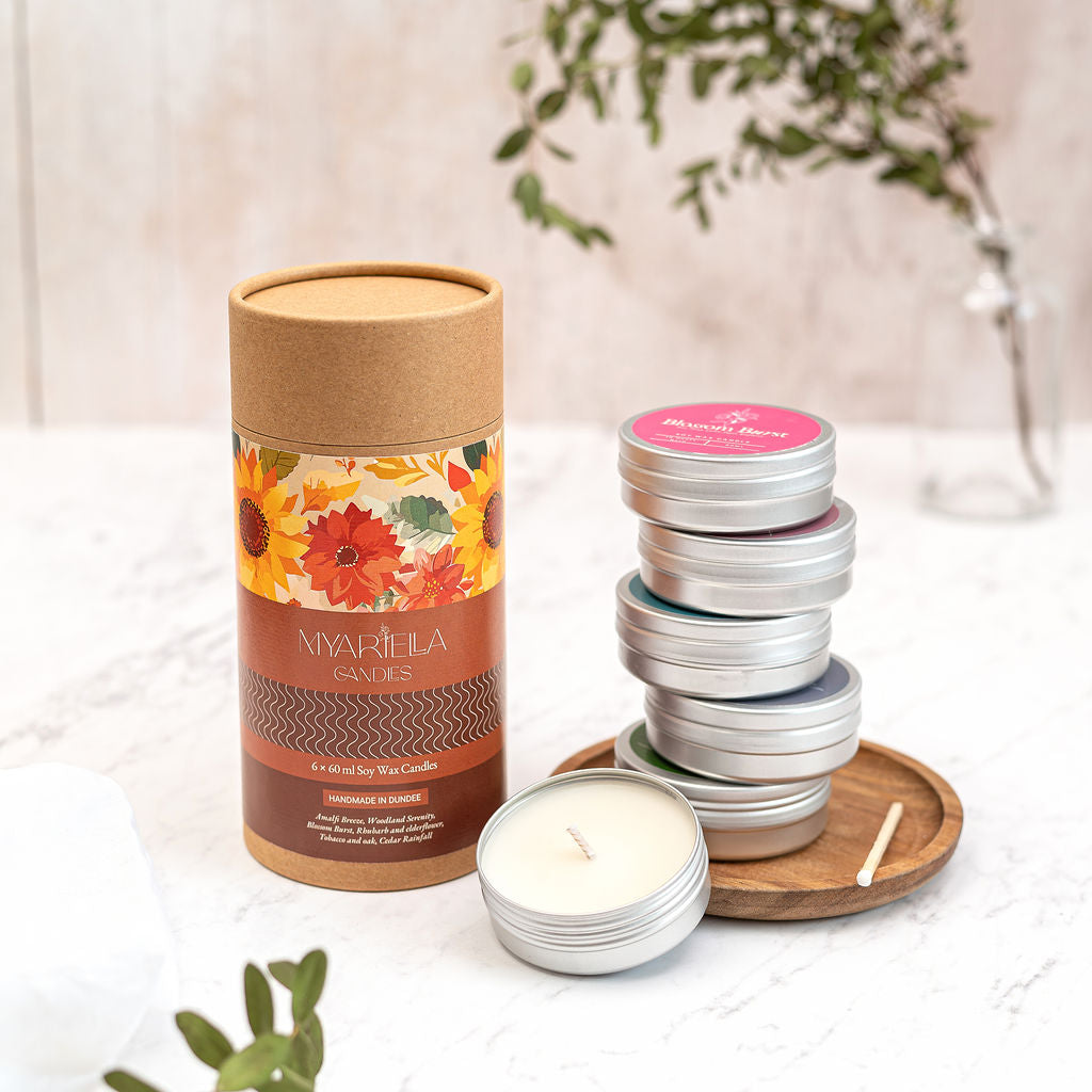Candle discovery set with six handmade 60ml soy wax candles by Myariella Candles in Dundee Scotland