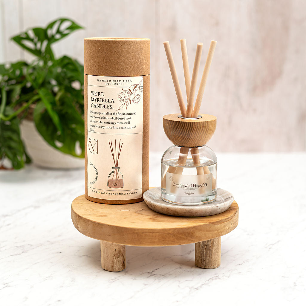 Enchanted Hearth reed diffuser handmade in Dundee Scotland by MyAriella Candles with nutmeg patchouli and cedar fragrance