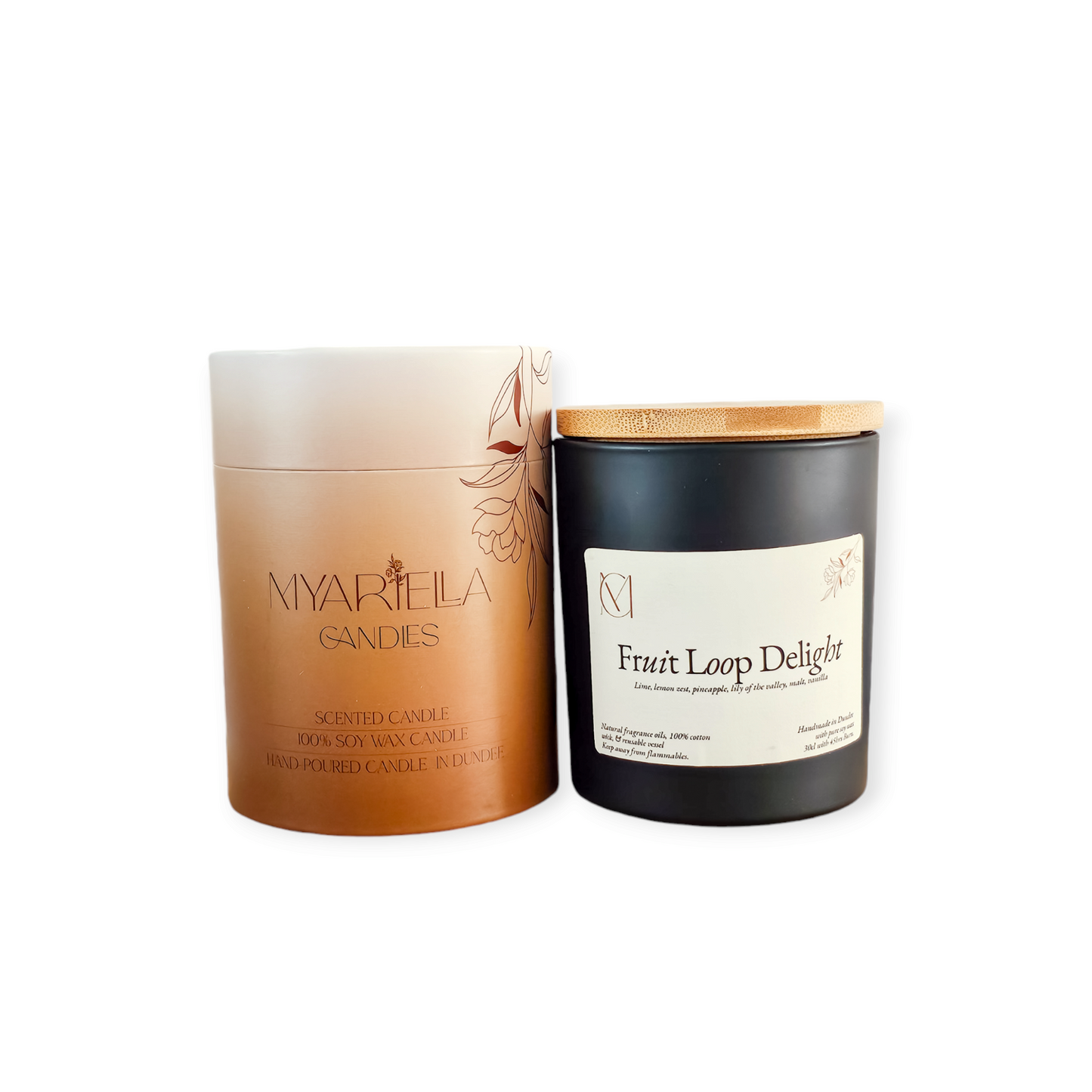 Fruit Loop Delight scented soy wax candle by My Ariella Candles, handmade luxury dessert-inspired candle in the UK