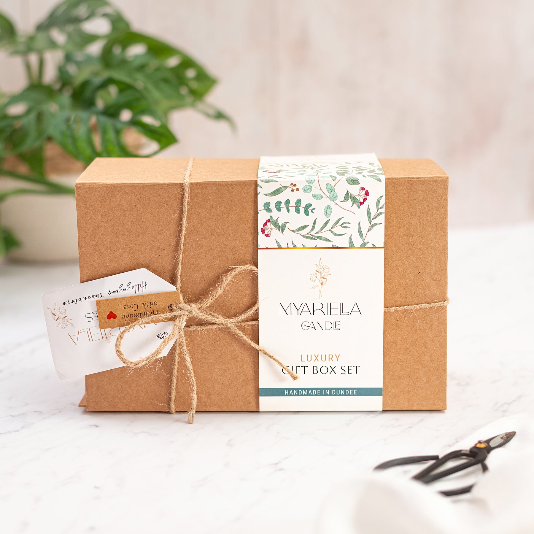 Luxury home fragrance candle and diffuser gift set styled in modern home, and in a brown box. handmade in Dundee