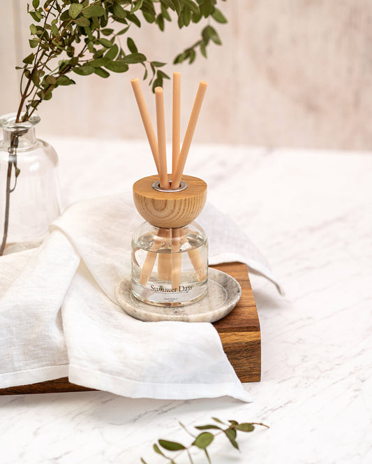 Close up of Summer Days handmade reed diffuser by Myariella Candles in Dundee Scotland