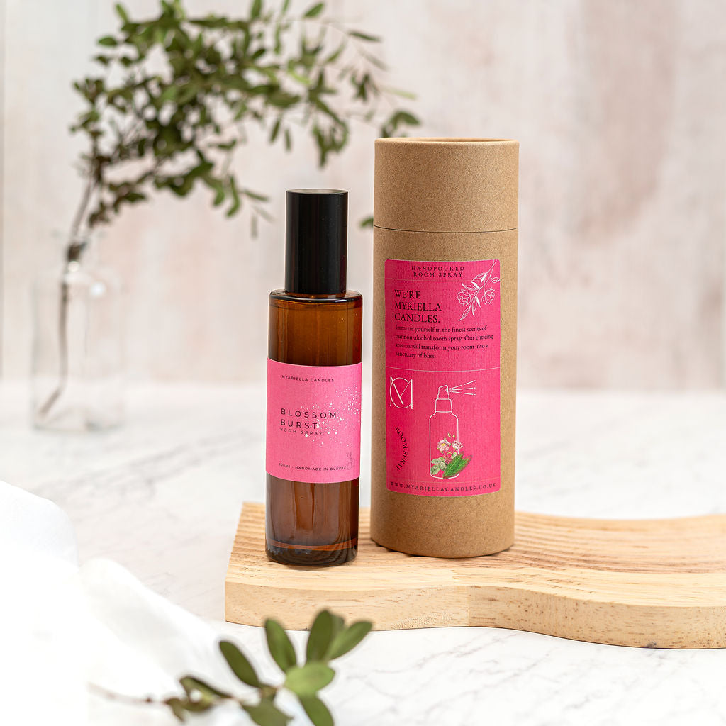 Blossom Burst handmade floral room spray styled in a modern home setting, luxury vegan home fragrance from Dundee Scotland.