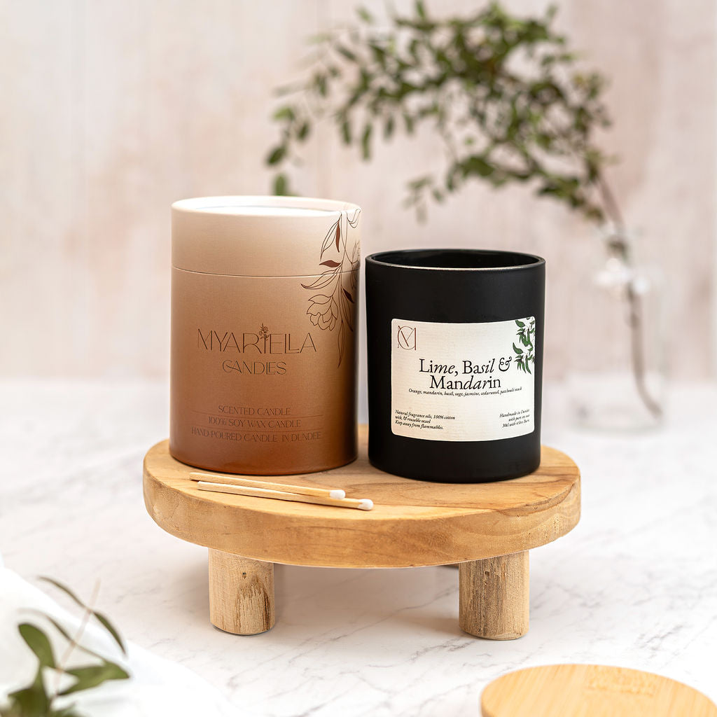 Lime Basil and Mandarin soy wax candle handmade in Dundee Scotland by Myariella Candles – fresh summer home fragrance UK in a black candle jar