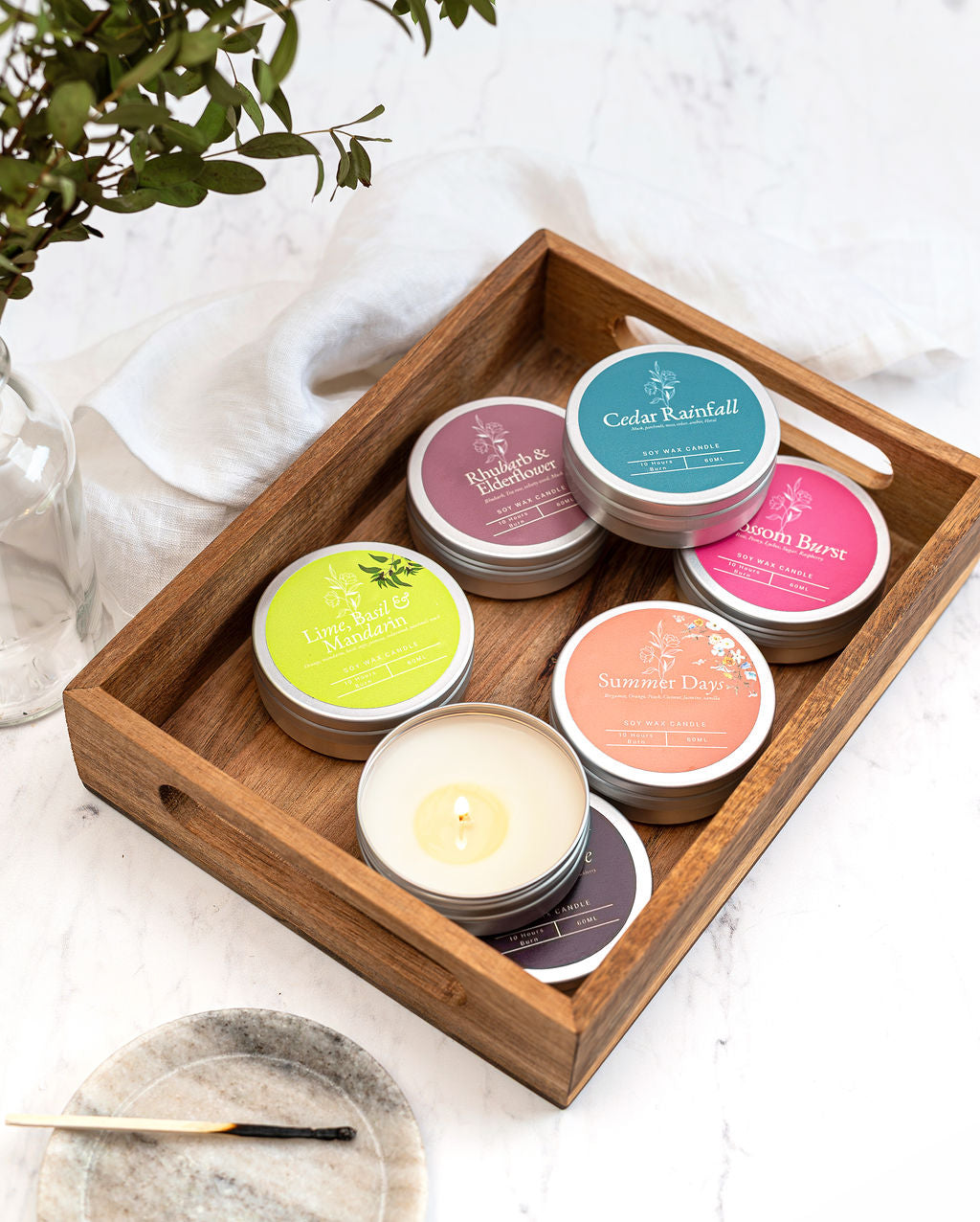 Luxury summer candle gift set with six soy wax mini candles handmade in Dundee by MyAriella Candles
