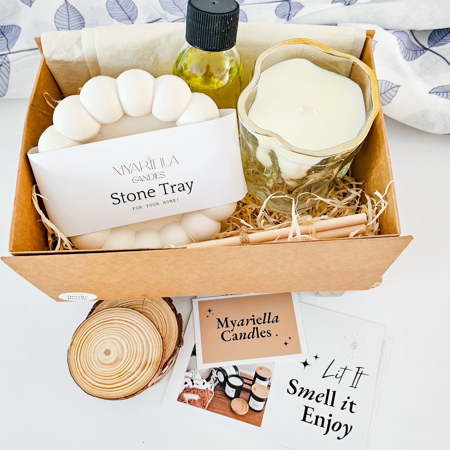 Luxury handmade soy wax candle gift box with reed diffuser and stone tray in a brown box, handcrafted in Dundee Scotland
