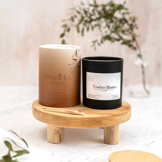 Timber Bloom cedarwood and jasmine soy wax candle by My Ariella Candles, handmade luxury home fragrance UK.