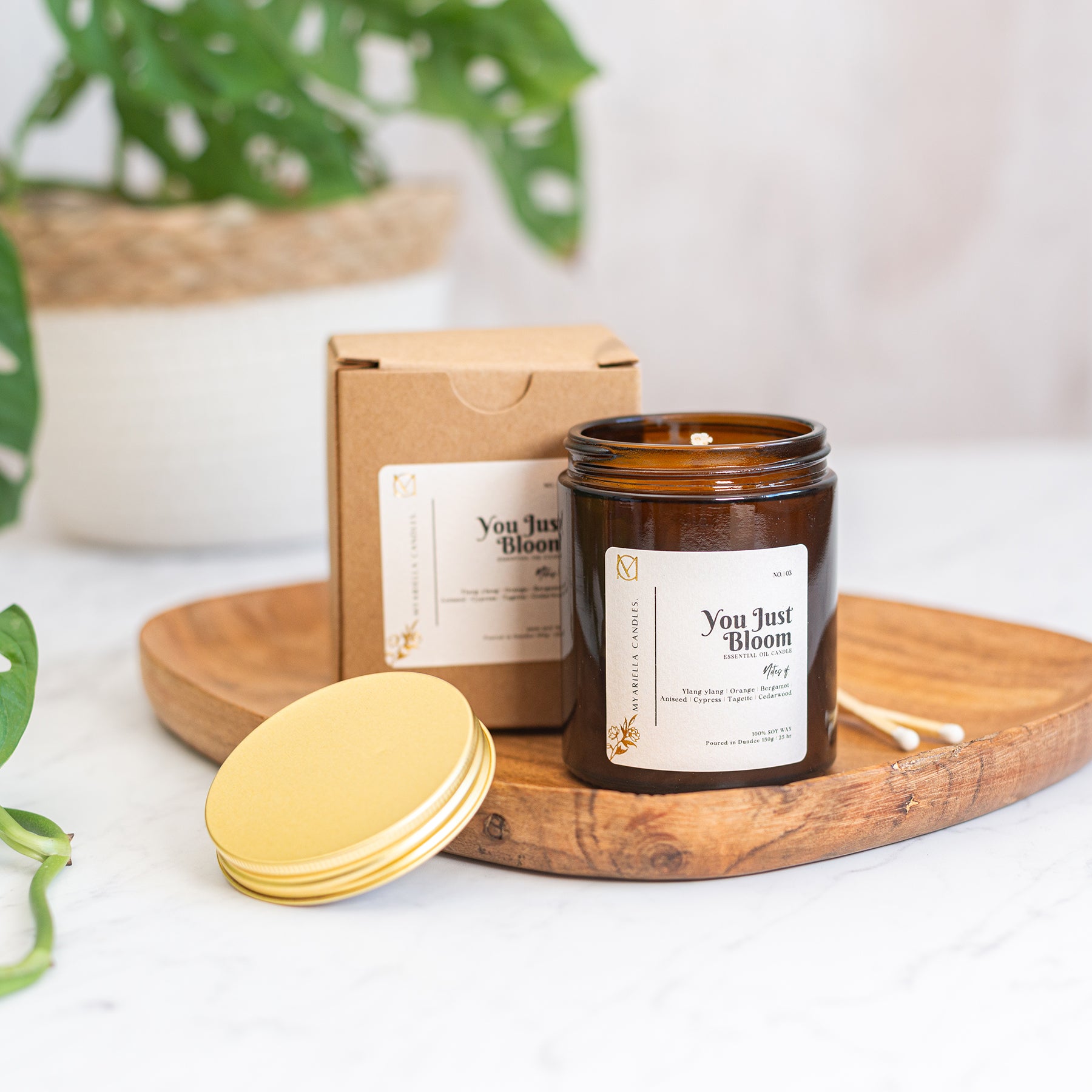 You Just Bloom gingerlily ylang-ylang essential oil soy candle in a amber candle jar. handmade in Dundee Scotland