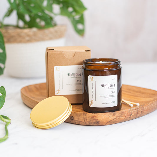 Myariella Candles uplifting lemongrass and lemon essential oil soy wax candle in a amber glass jar by Myariella Candles handmade in Dundee UK