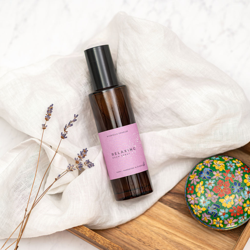 Natural relaxing room spray in bedroom setting – luxury handmade home fragrance UK by Myariella Candles