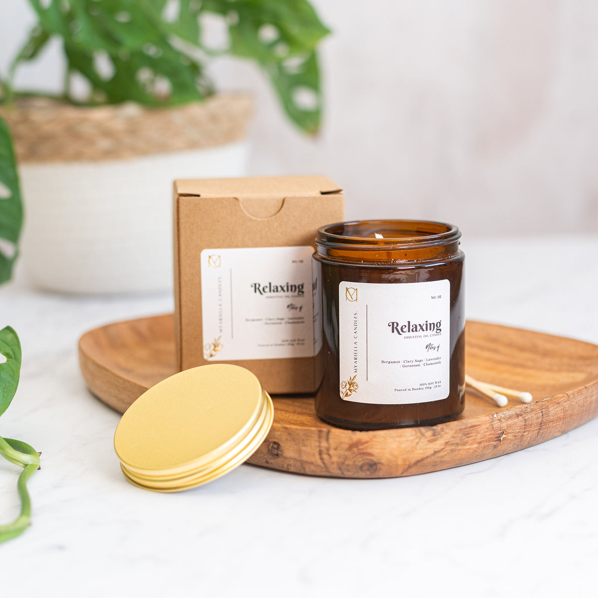 Hand-poured relaxing lavender soy candle in amber glass jar made in Dundee, Scotland by Myariella Candles