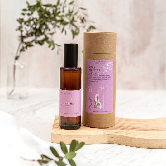 Relaxing Room Spray handmade in Dundee Scotland by Myariella Candles – natural toxin-free home fragrance in amber glass bottle UK