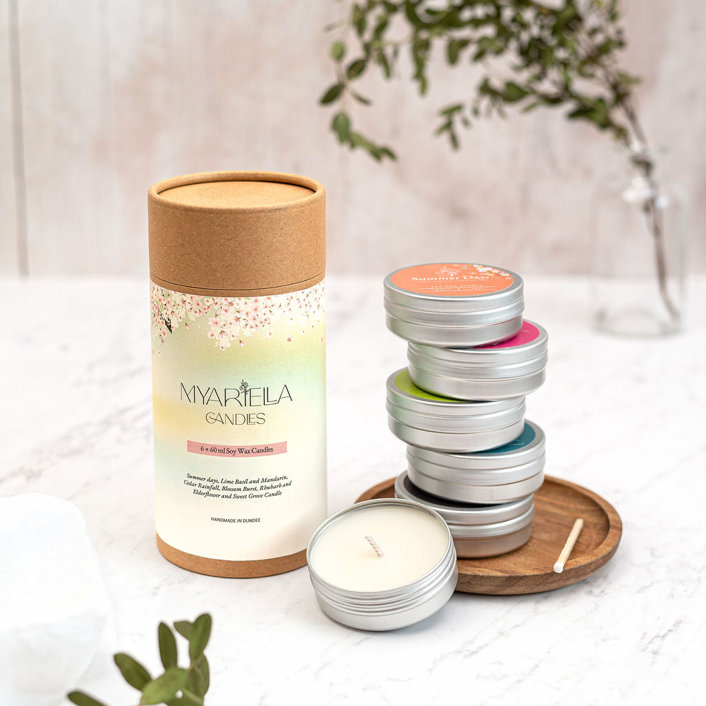 Summer Candle Discovery Set by MyAriella Candles – six handmade 60ml soy wax candles including Lime Basil Mandarin, Rhubarb & Elderflower, Blossom Burst and Cedar Rainfall