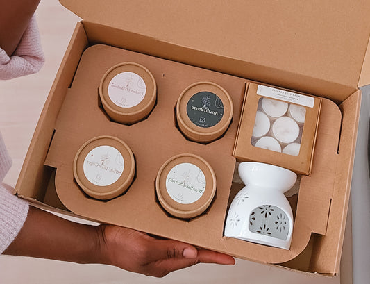 Wax Melt Discovery Set in a brown box by Myariella Candles with soy wax melts and burner, handmade in Dundee UK