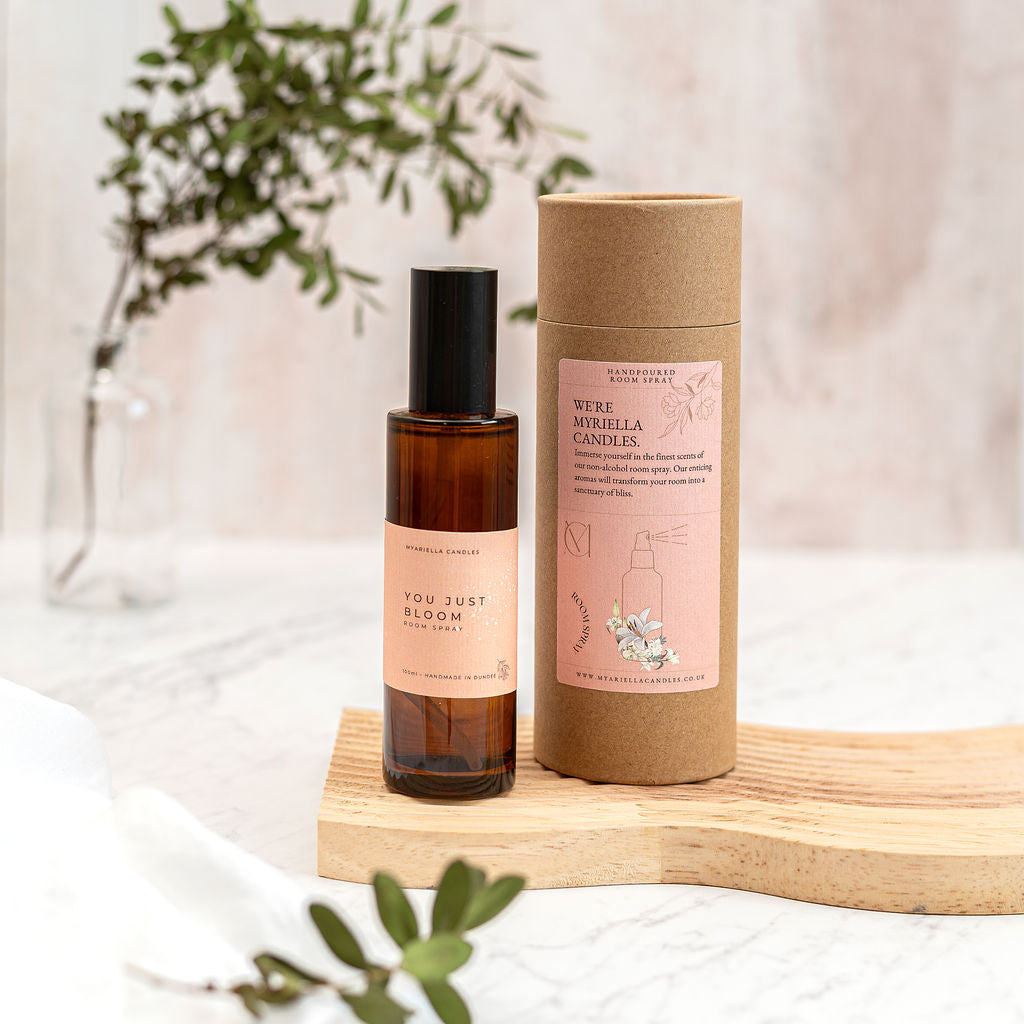 You Just Bloom handmade room spray with ginger lily and ylang ylang essential oils in a amber glass bottle, crafted in Dundee, Scotland UK